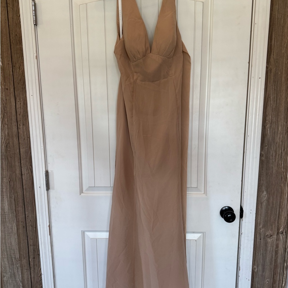 Azazie Christiana Bridesmaid Dress Sand Tan V-Neck Chiffon‎ Maxi Gown A10 301154